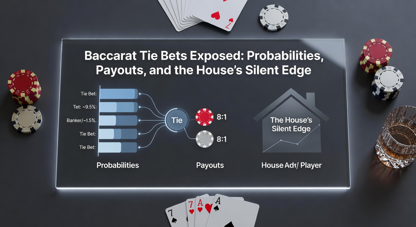 Grafik mit detaillierten Wahrscheinlichkeiten und House Edge für Baccarat Tie Bets bei acht Decks