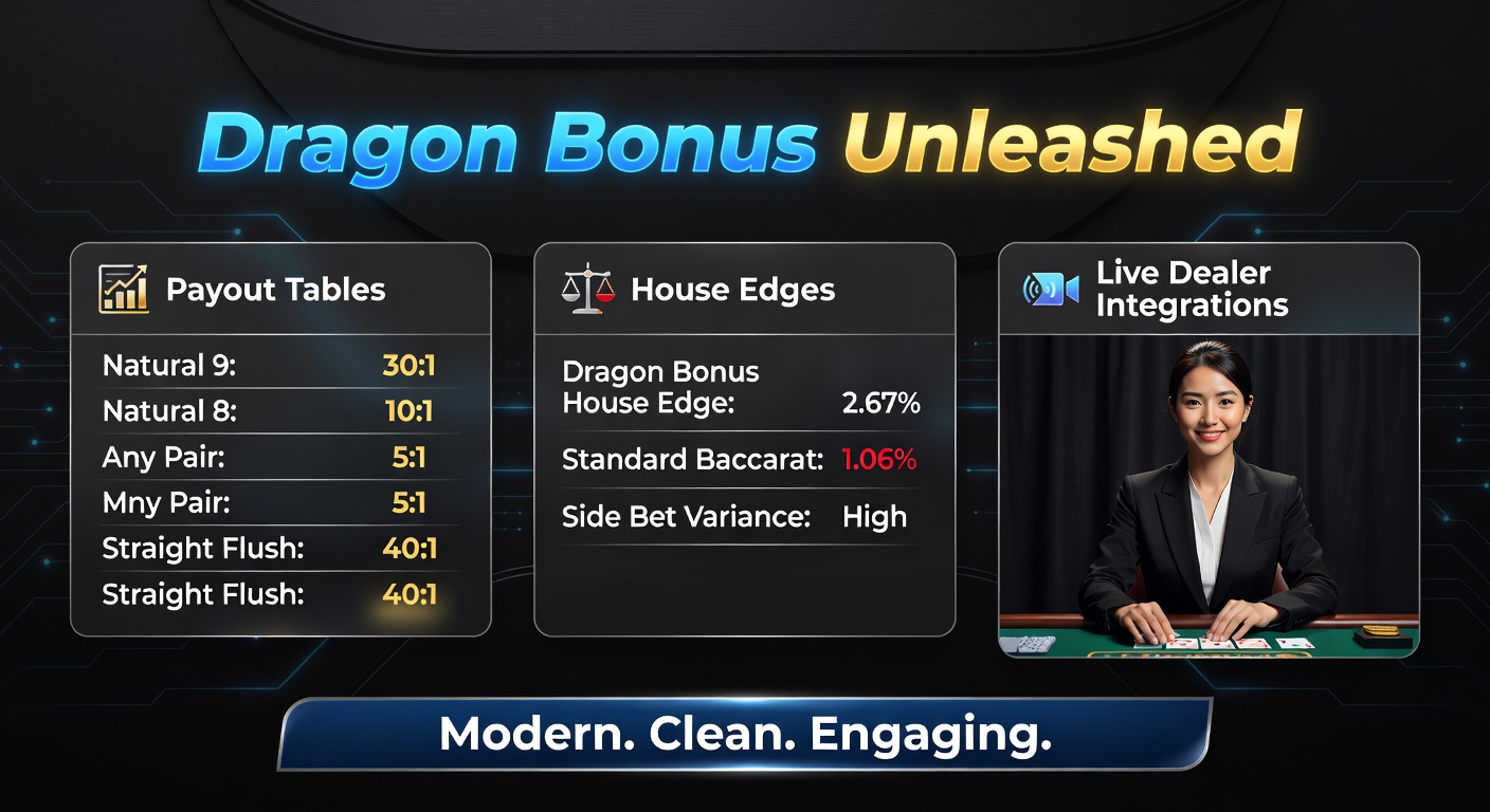 Grafik einer Dragon Bonus Auszahlungstabelle mit leuchtenden Drachen-Symbolen und detaillierten Multiplikatoren auf einem Baccarat-Tisch