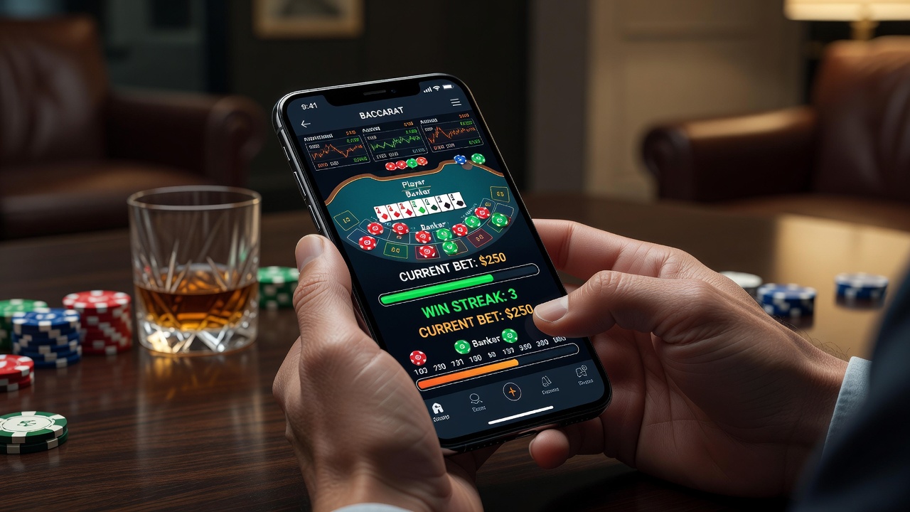 Detailansicht einer mobilen Baccarat-App mit animierten Feedback-Elementen und Wettverlaufsdiagrammen