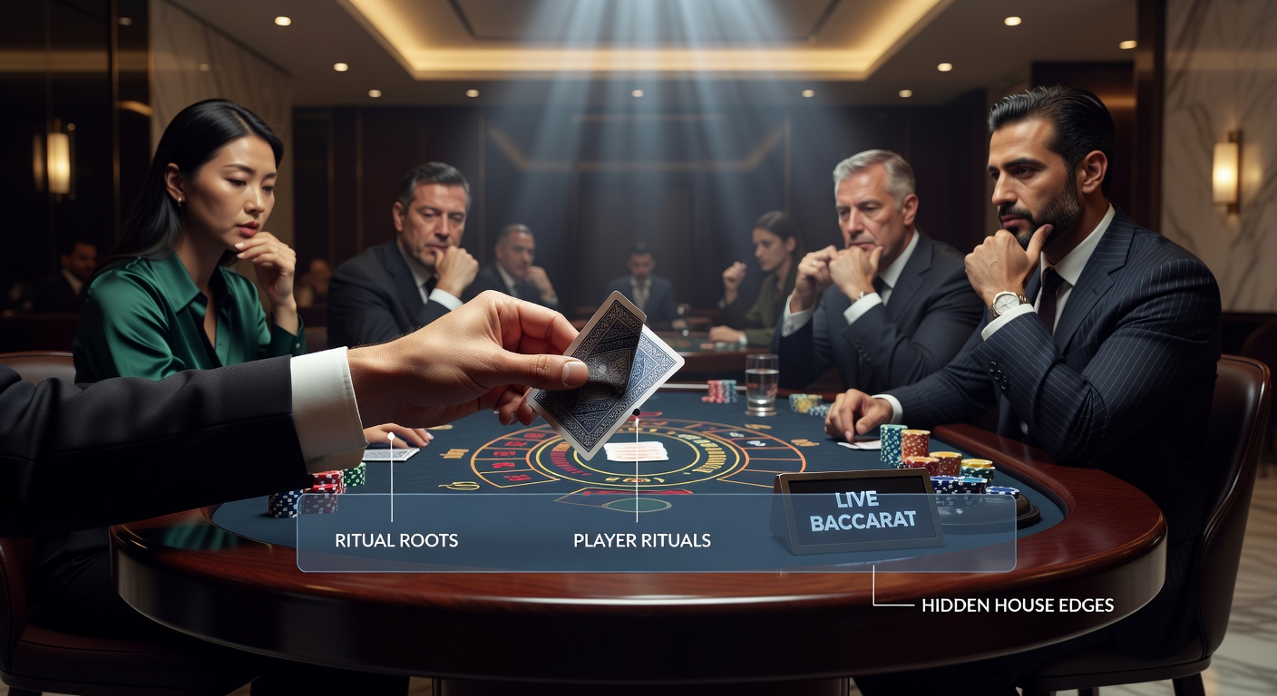 Nahaufnahme eines Card Squeeze mit gebogener Karte, die Pip-Wert andeutet, umgeben von chips und Spielerhänden – typisch für High-Stakes-Live-Baccarat