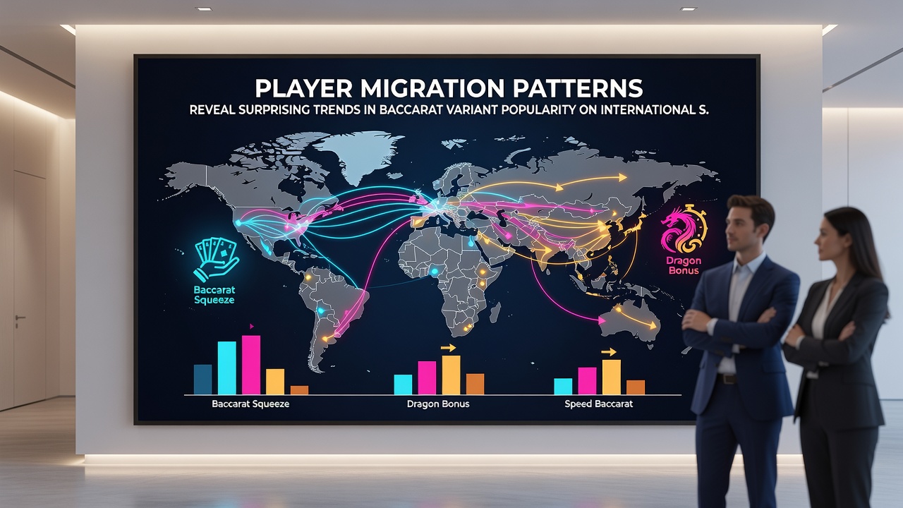 Karte mit farbcodierten Regionen, die Migrationsströme von Baccarat-Spielern zwischen internationalen Varianten abbildet