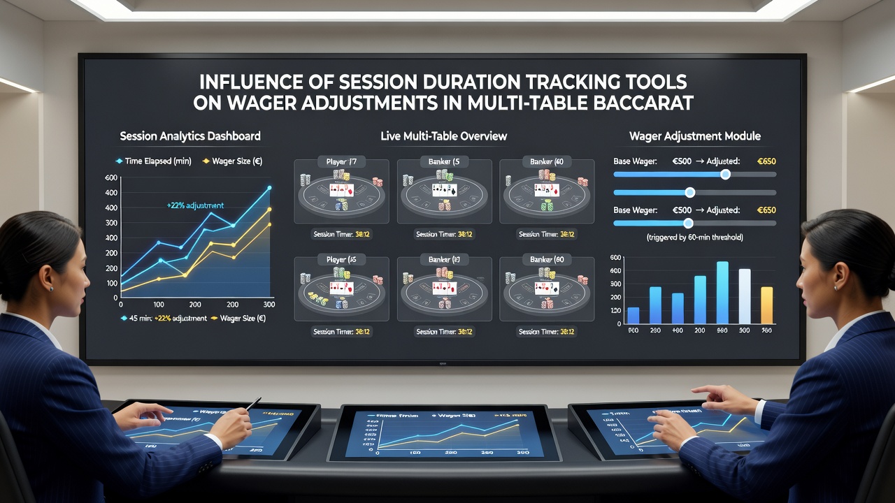 Multi-table Baccarat setup with duration tracking metrics influencing bet size changes across active games